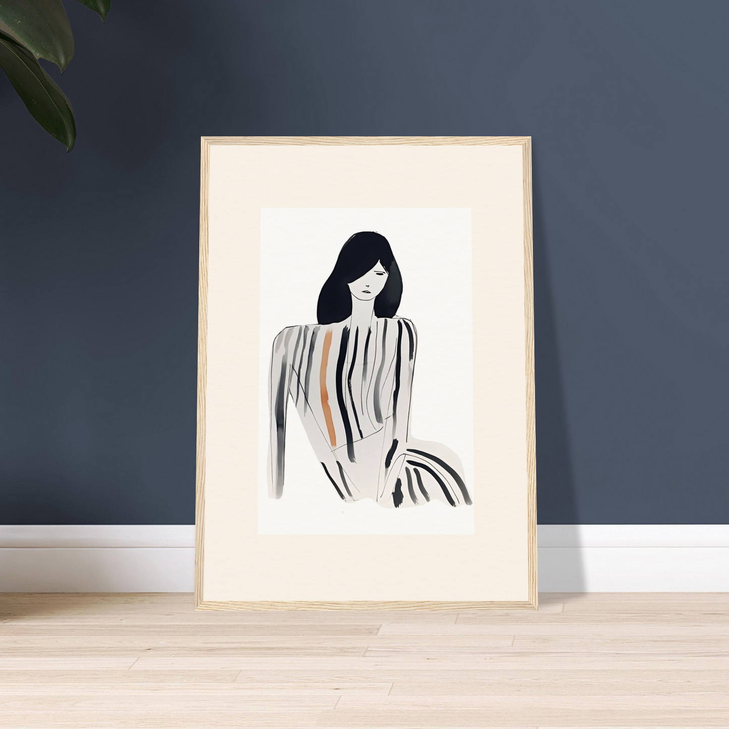 Framed minimalist sketch of a woman with long dark hair and striped clothing.