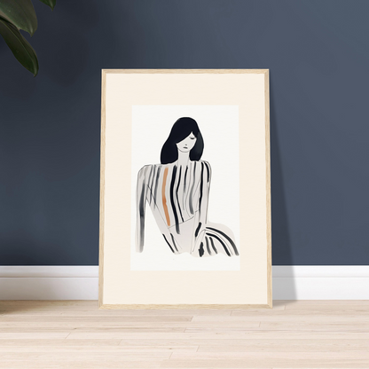 Framed minimalist sketch of a woman with long dark hair and striped clothing.