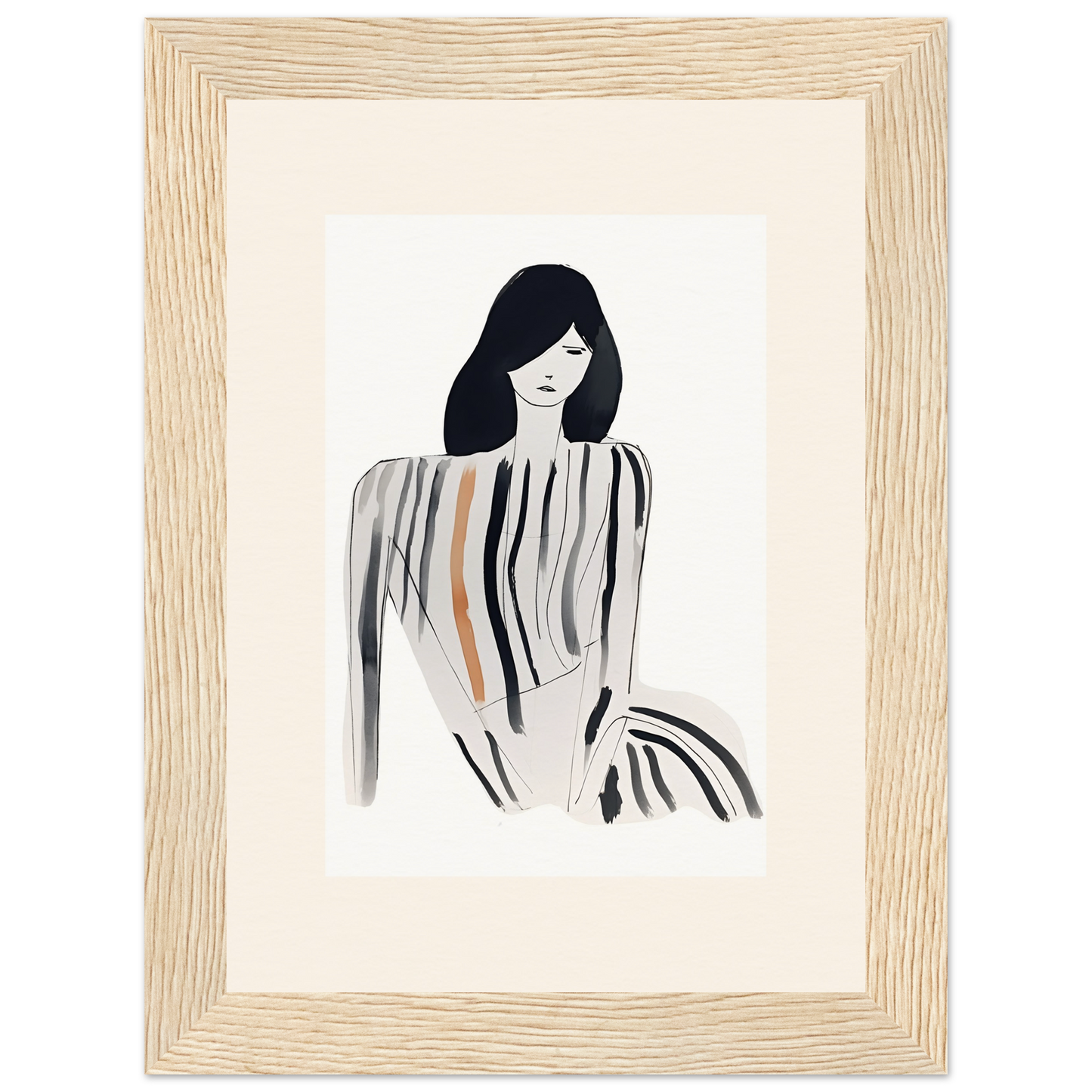 Minimalist sketch of a woman with long dark hair and striped clothing in a light wooden frame.