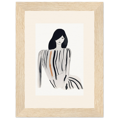 Minimalist sketch of a woman with long dark hair and striped clothing in a light wooden frame.