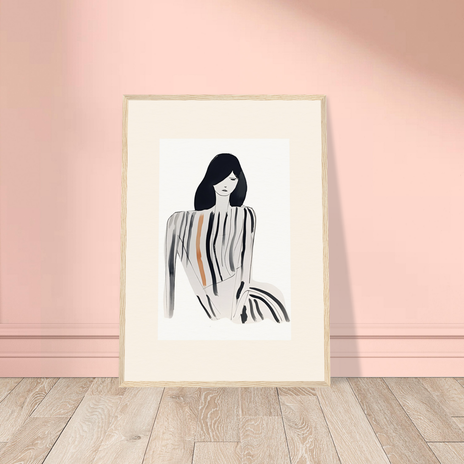 Minimalist sketch of a woman with long dark hair in a striped dress.