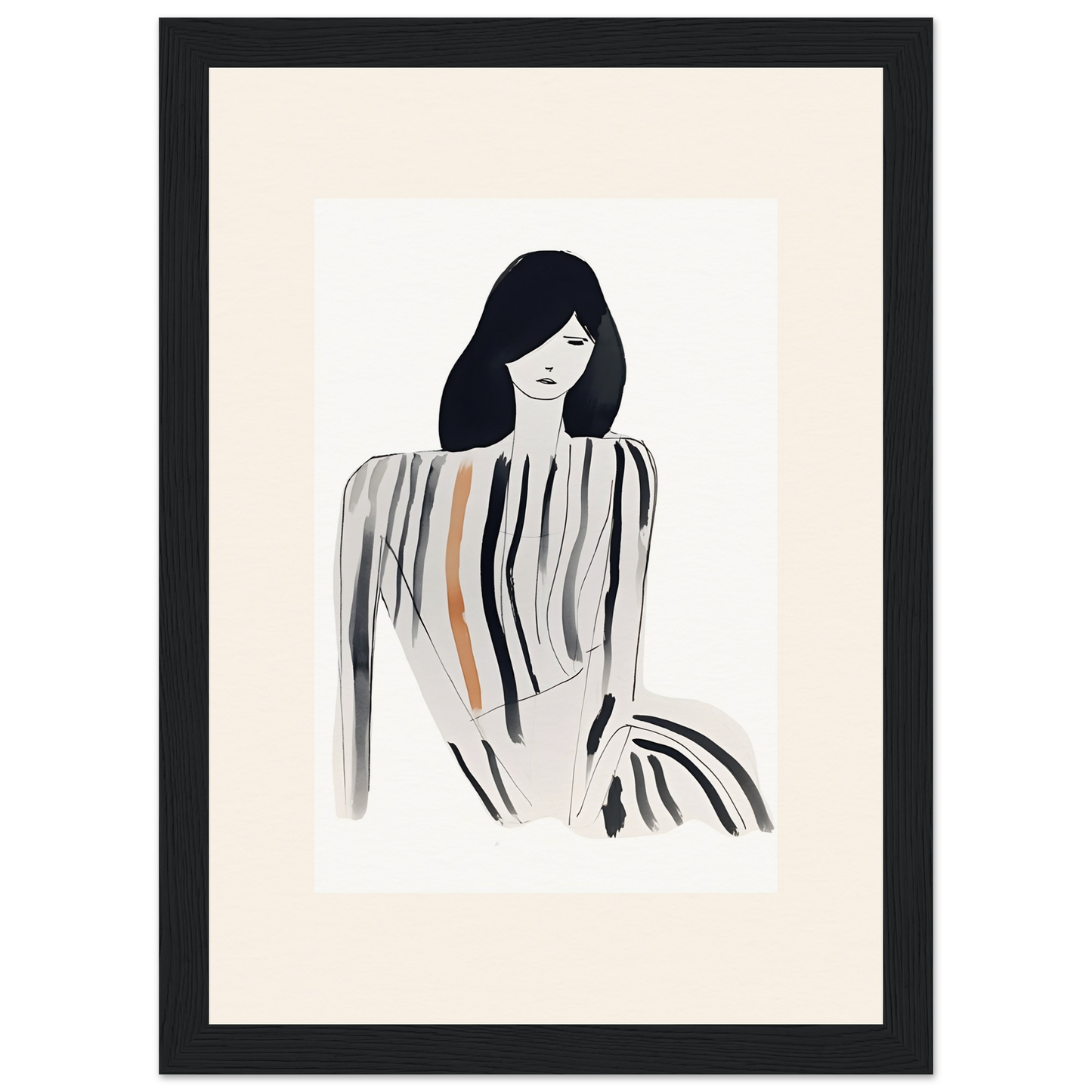 Minimalist illustration of a woman with long dark hair wearing a striped top.