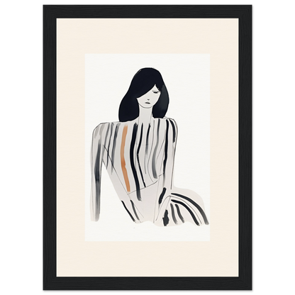 Minimalist illustration of a woman with long dark hair wearing a striped top.