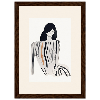 Minimalist illustration of a woman with long dark hair and a striped top.