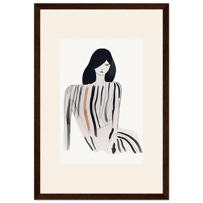 Minimalist illustration of a woman with long dark hair wearing a striped top.