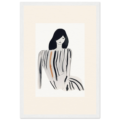 Minimalist illustration of a woman with long dark hair in a striped outfit.