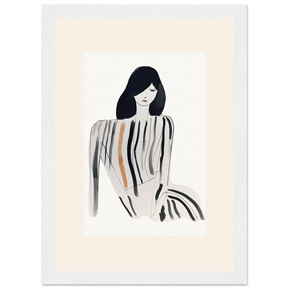 Minimalist illustration of a woman with long dark hair and a striped dress.