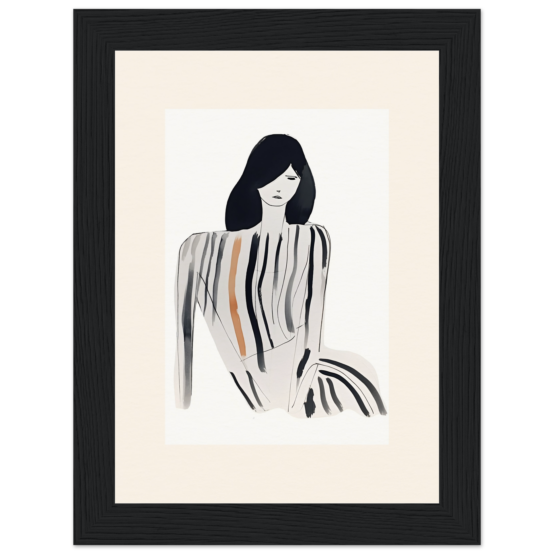 Minimalist illustration of a woman with long dark hair in a striped outfit.