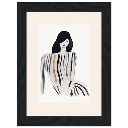 Minimalist illustration of a woman with long dark hair in a striped outfit.