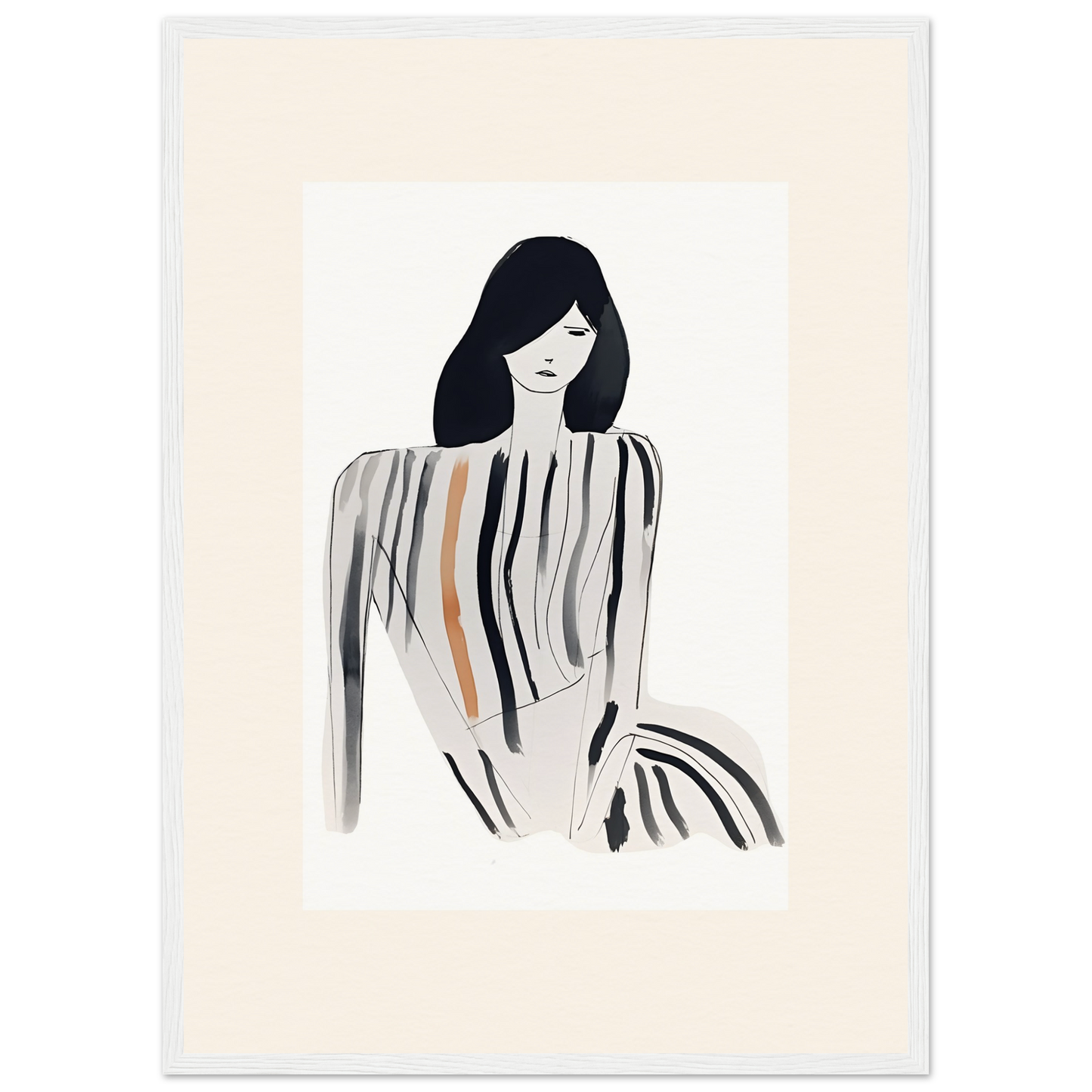 Minimalist illustration of a woman with long dark hair wearing a striped top.