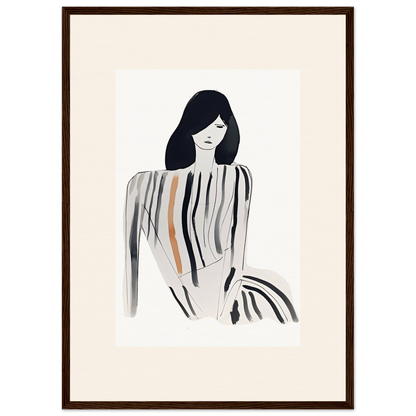 Minimalist illustration of a woman with long dark hair wearing a striped top.