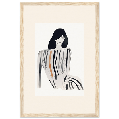 Minimalist illustration of a woman with long dark hair wearing a striped top.