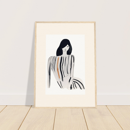 Minimalist sketch of a woman with long dark hair wearing a striped top.