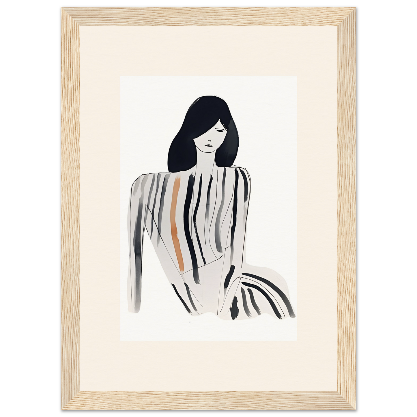 Minimalist illustration of a woman with long dark hair and a striped top.