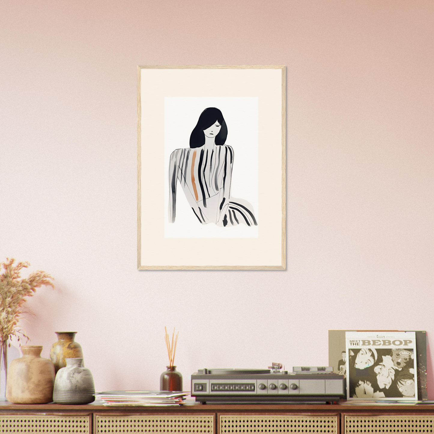 Minimalist black and white sketch of a woman’s upper body framed on a wall.