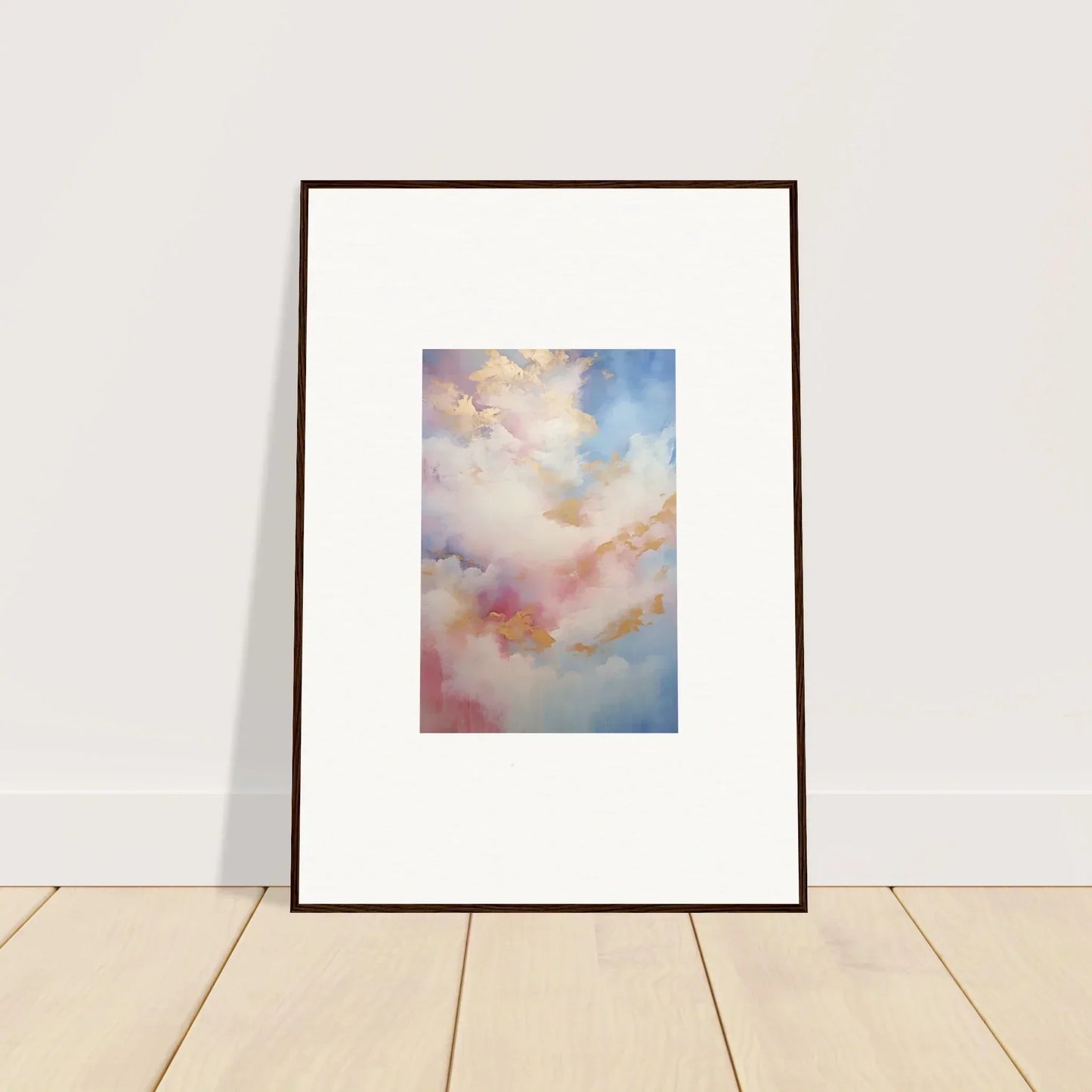 Framed wall art of Whispers Beyond Reverie in soft pink, blue, and cream clouds