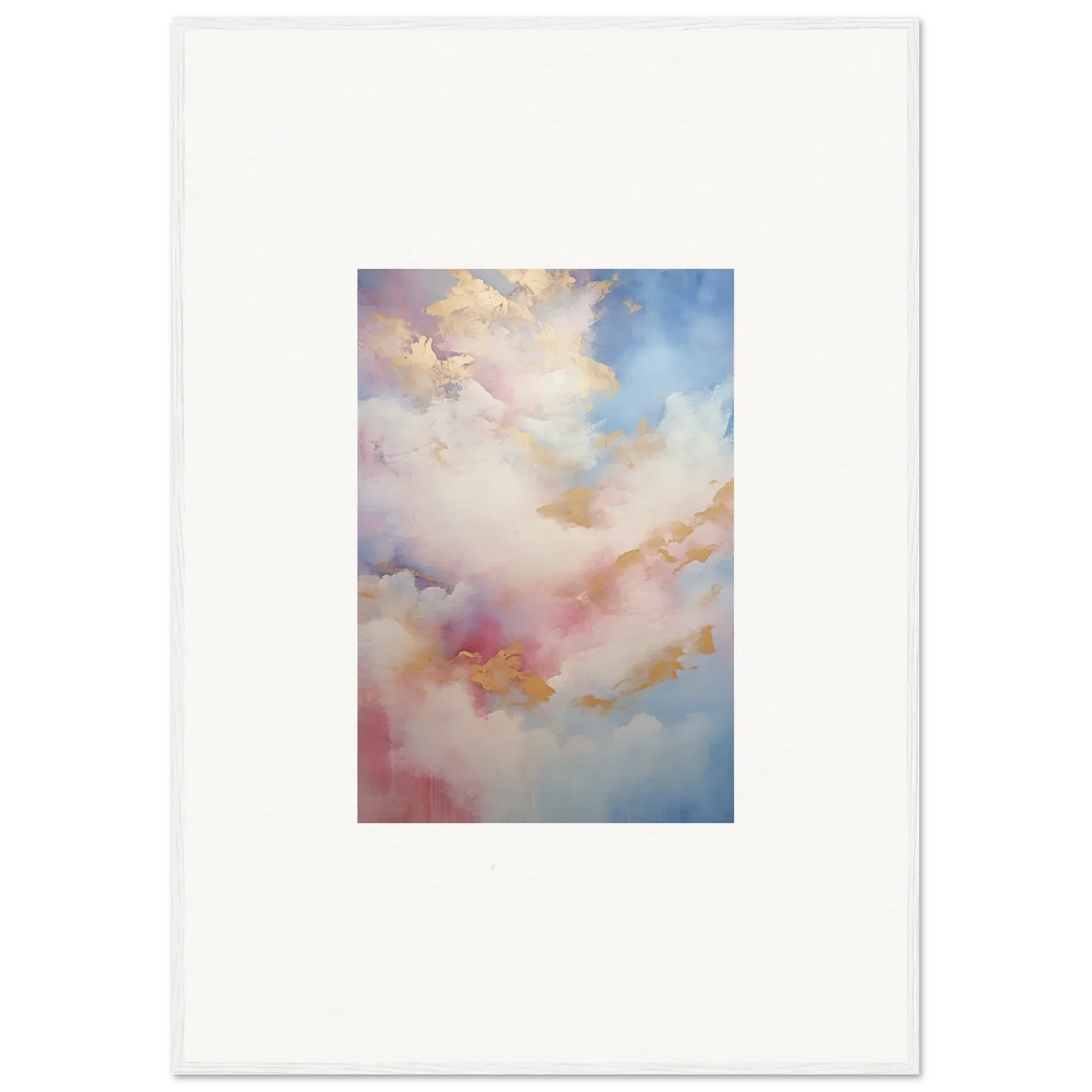 Soft pink, blue, and golden abstract watercolor in Whispers Beyond Reverie framed wall art