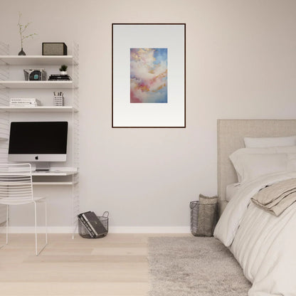 Minimalist bedroom workspace with an iMac and framed wall art in Whispers Beyond Reverie