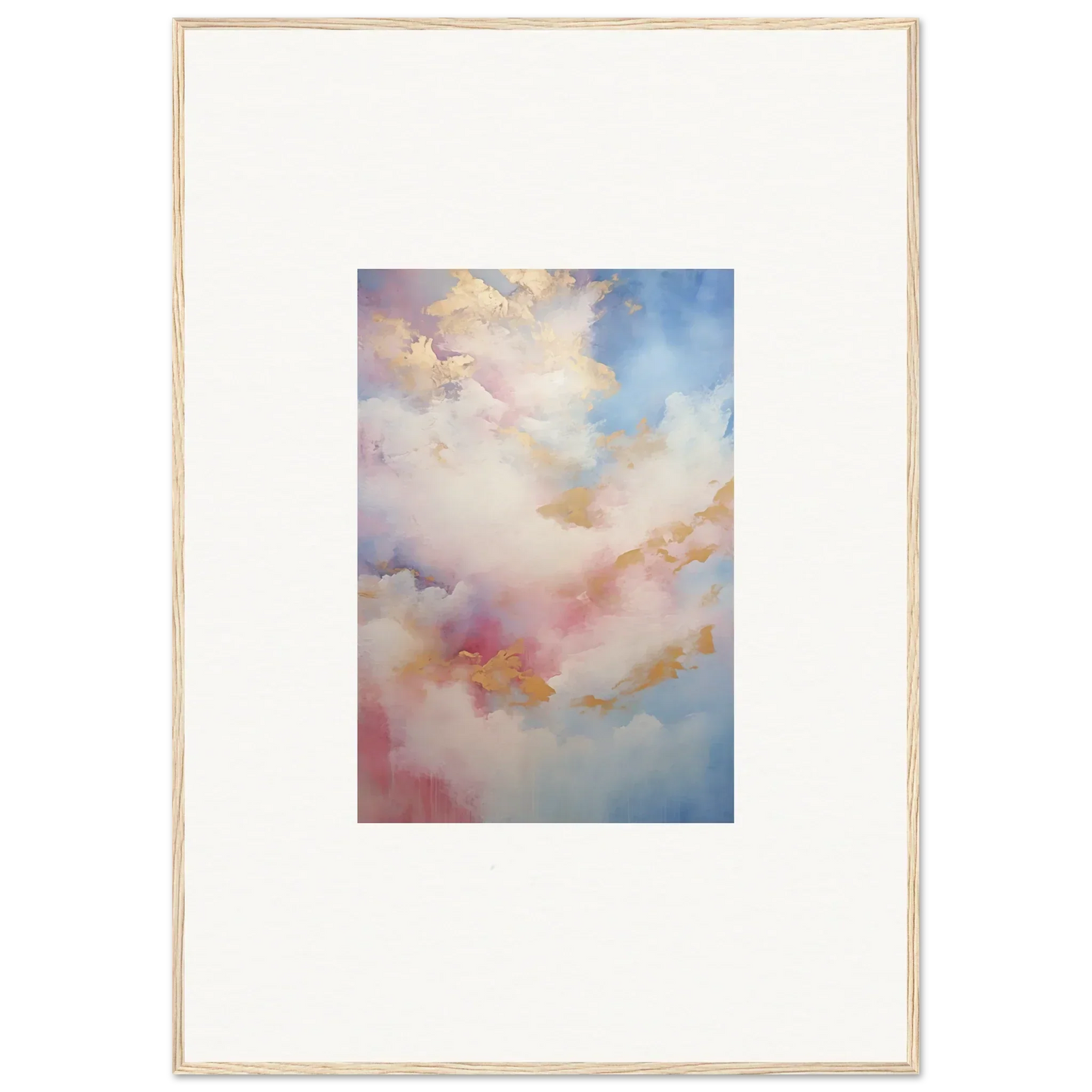 Abstract watercolor clouds in soft pink, blue, and gold for premium framed wall art