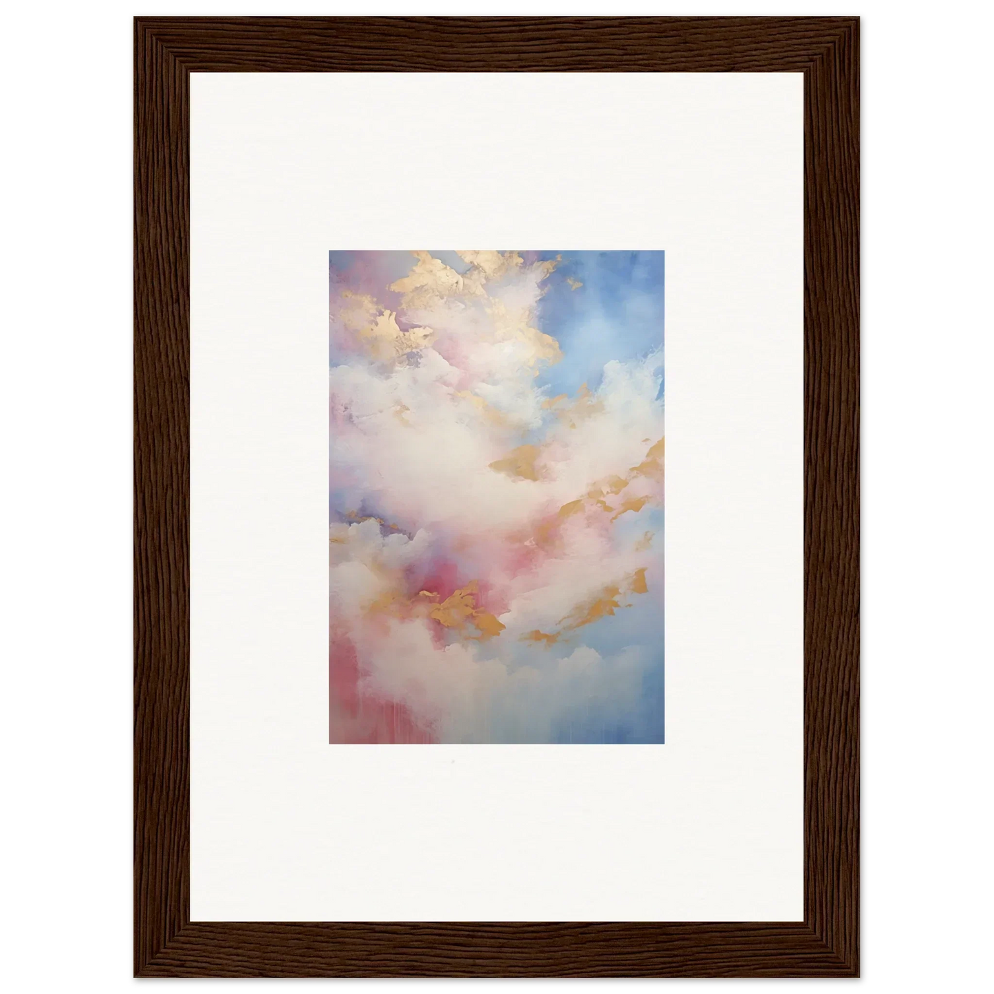 Framed wall art of soft pink, blue, and golden clouds in Whispers Beyond Reverie