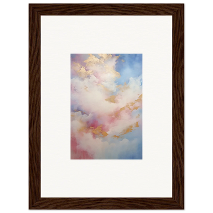 Framed wall art of soft pink, blue, and golden clouds in Whispers Beyond Reverie