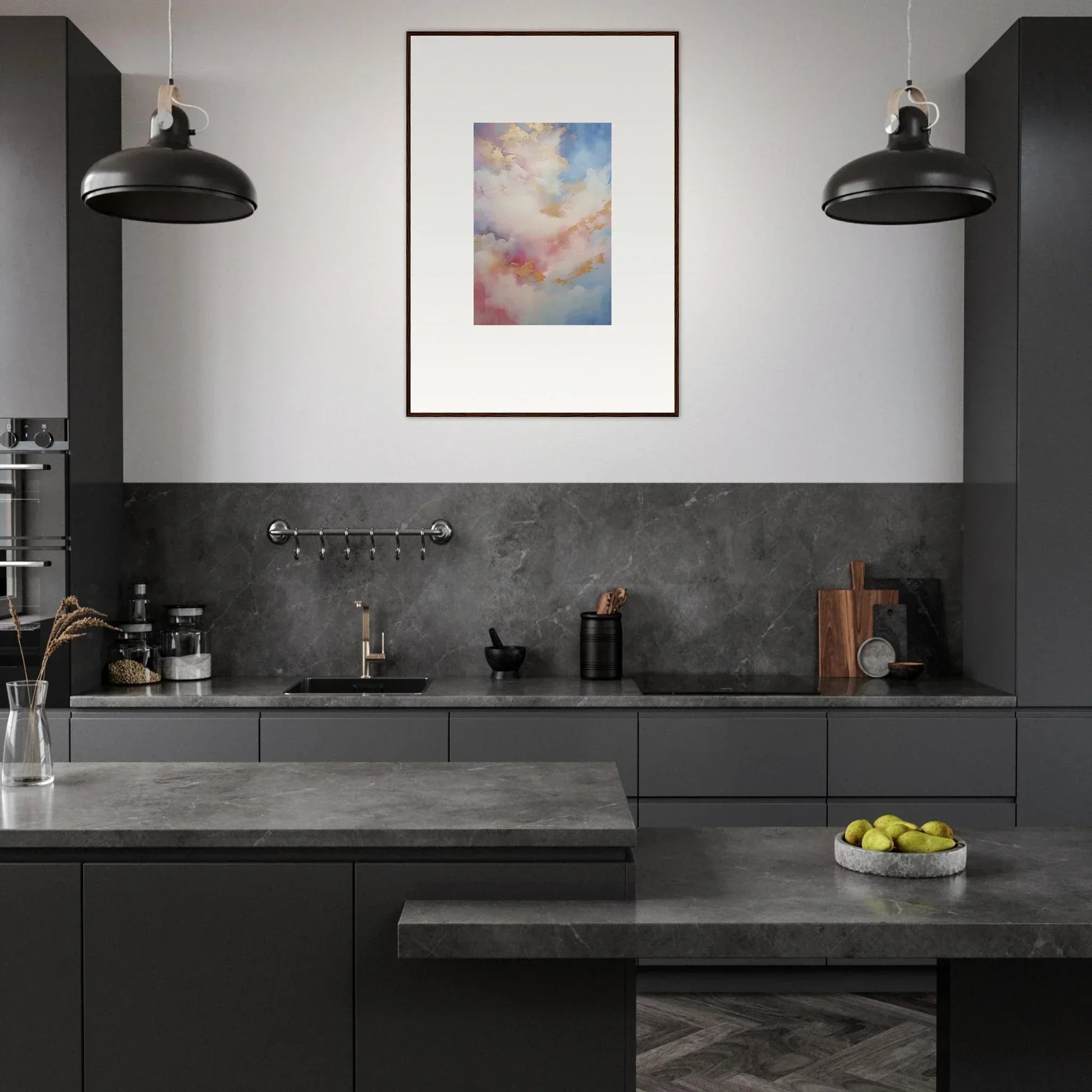 Modern dark kitchen with premium framed wall art above matte black cabinets and concrete counters