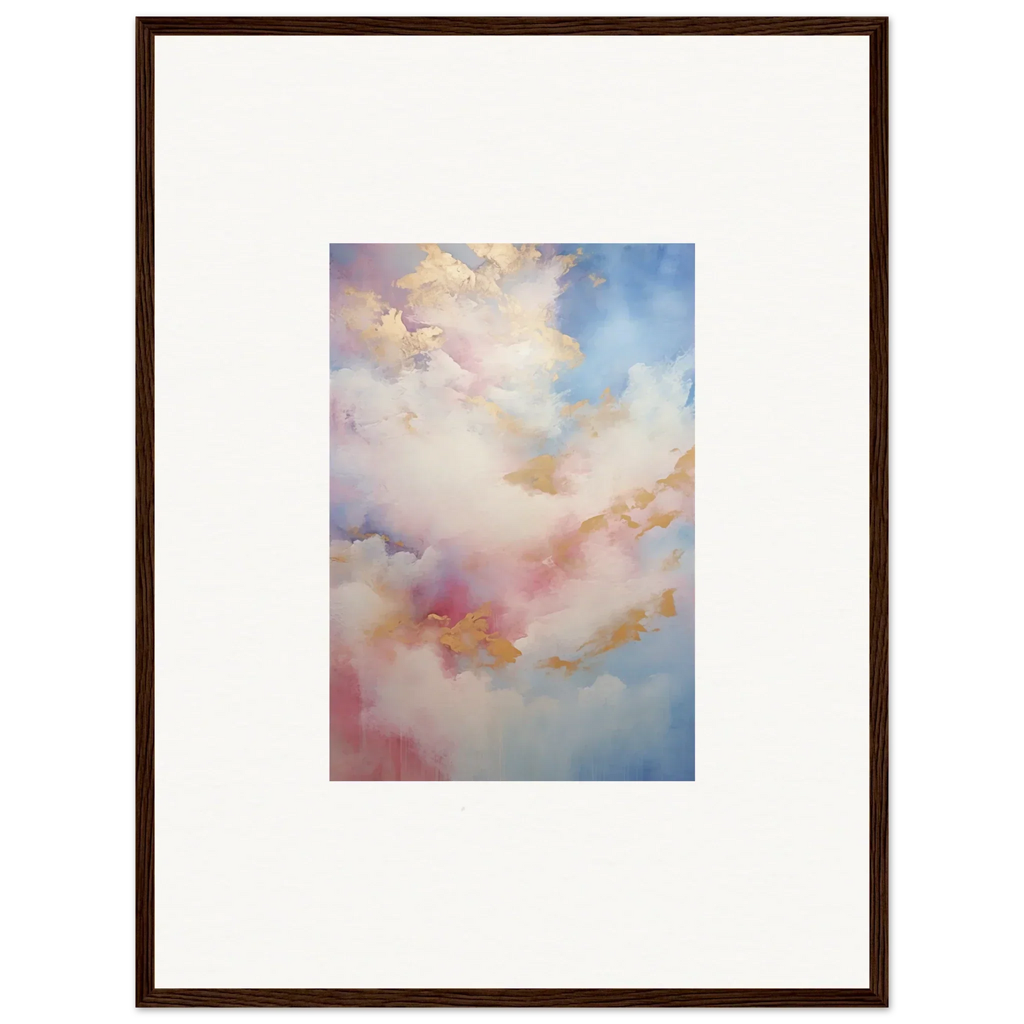 Framed wall art ’Whispers Beyond Reverie’ with soft pink and blue clouds in gold