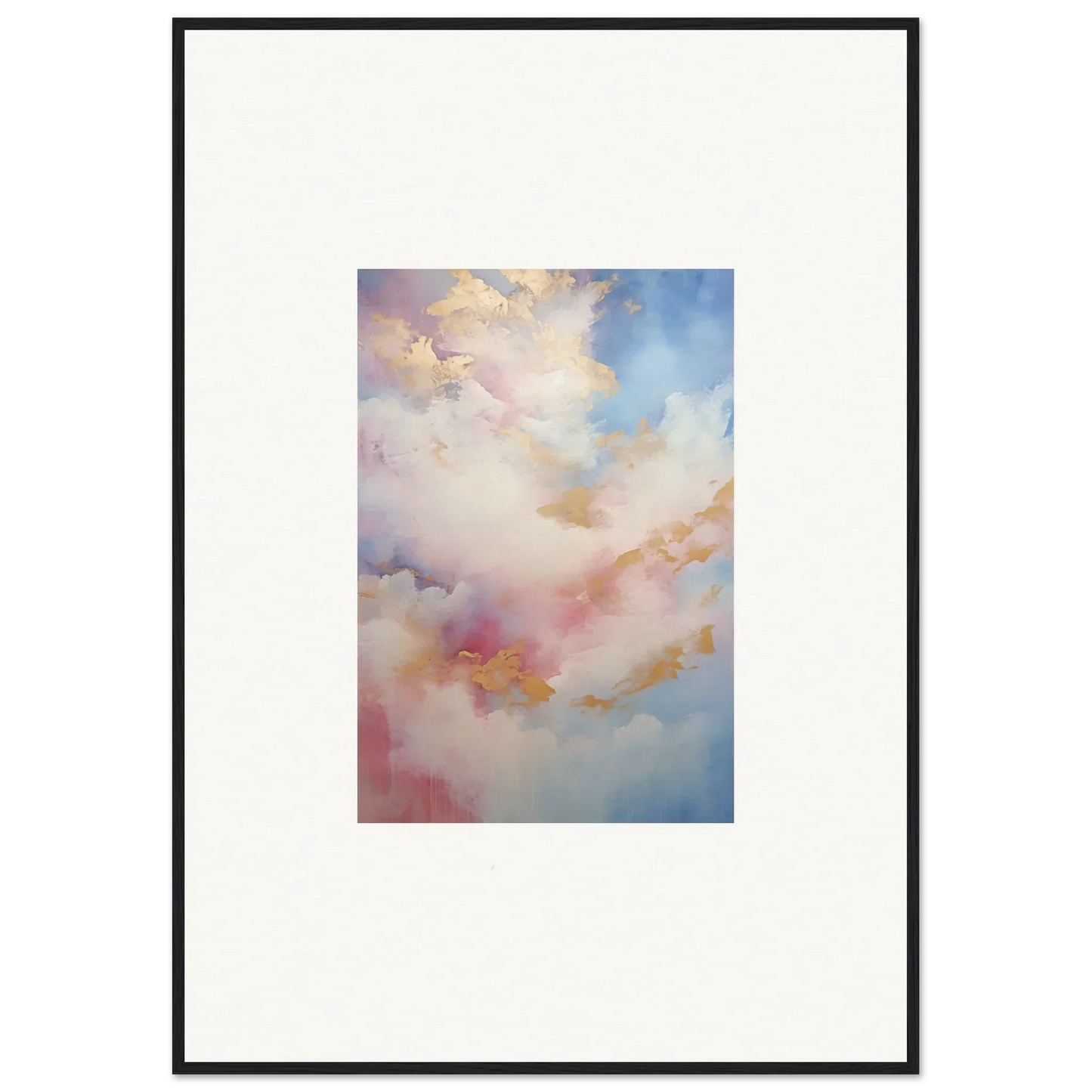 Abstract watercolor of soft pink and blue clouds in a premium framed wall art design