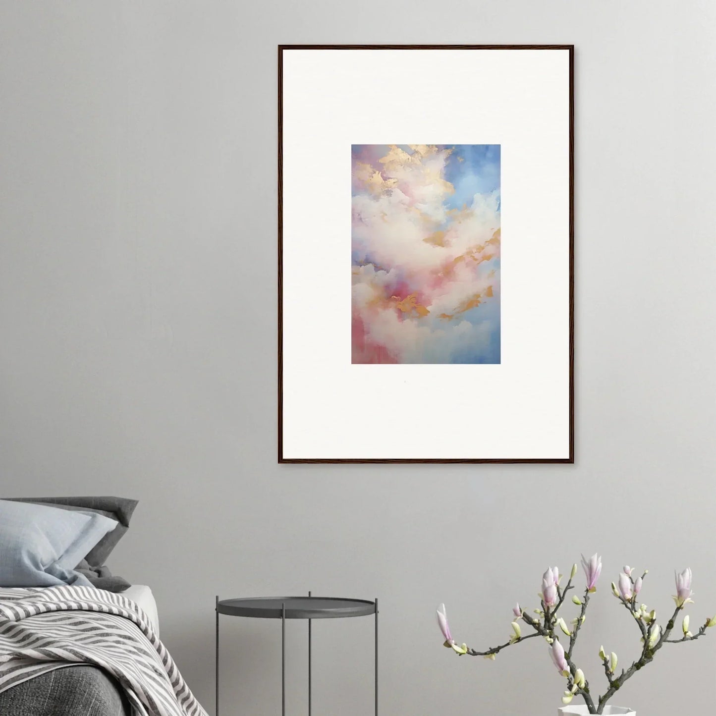 Framed wall art featuring dreamy pink and blue clouds in Whispers Beyond Reverie