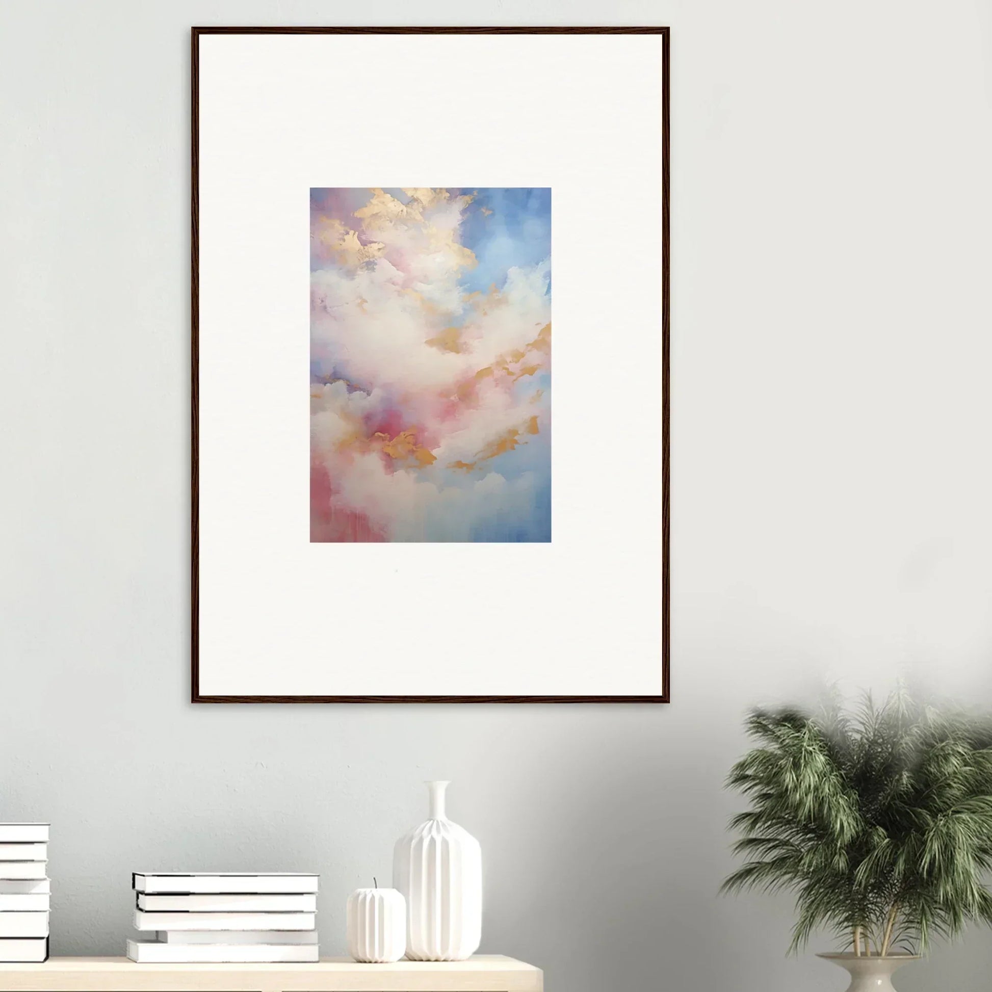 Framed wall art with soft pink, blue, and white clouds in Whispers Beyond Reverie