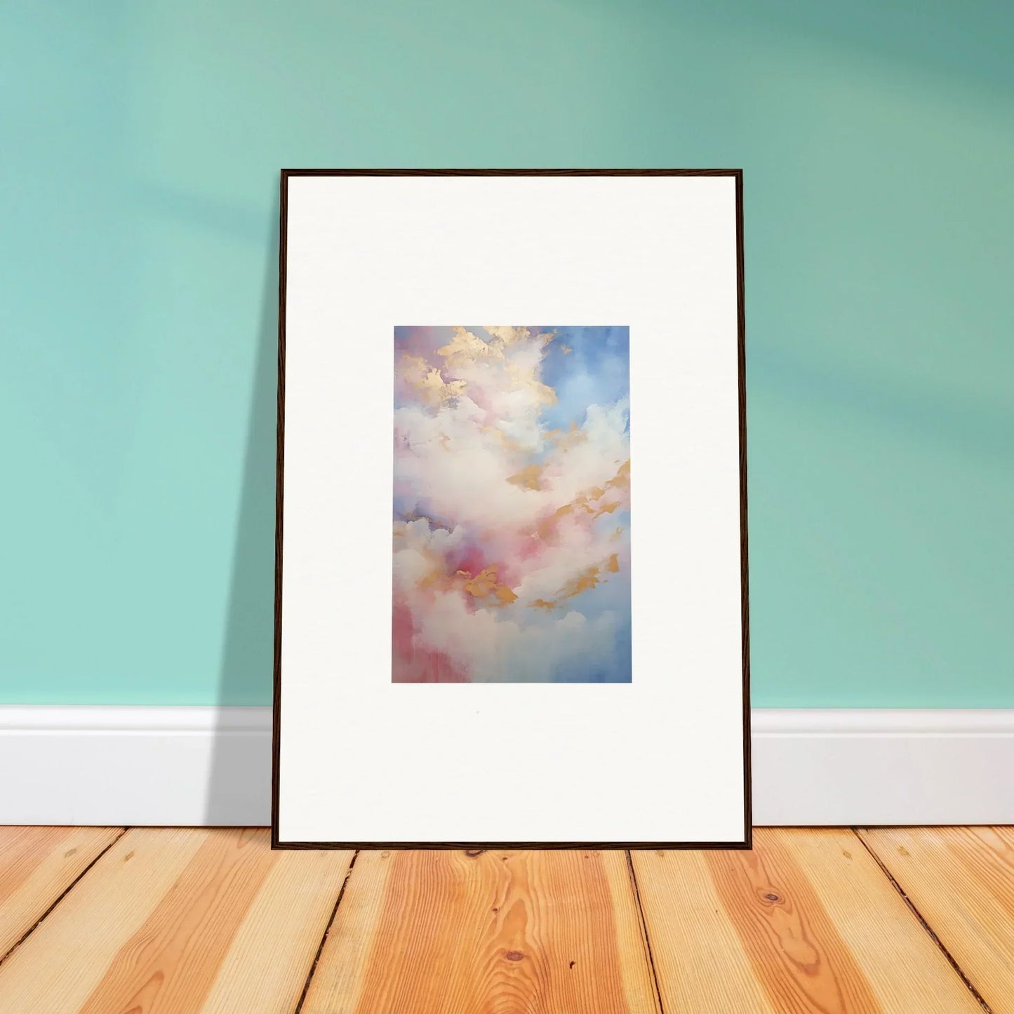 Framed watercolor painting of dreamy pink and blue clouds, perfect framed wall art