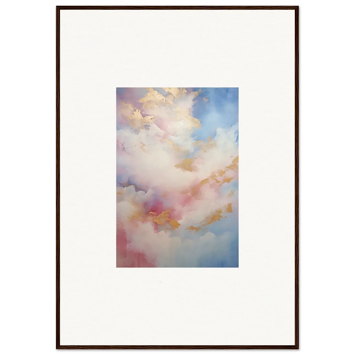 Abstract watercolor painting in soft pink, blue, and gold for premium framed wall art