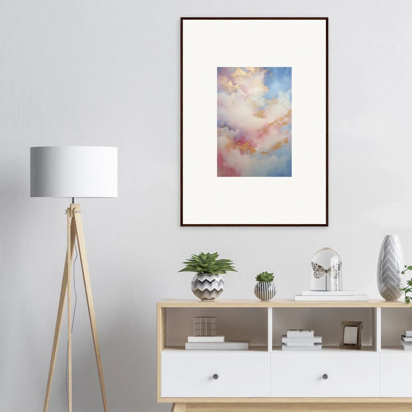 Soft pink and blue clouds in framed wall art titled Whispers Beyond Reverie