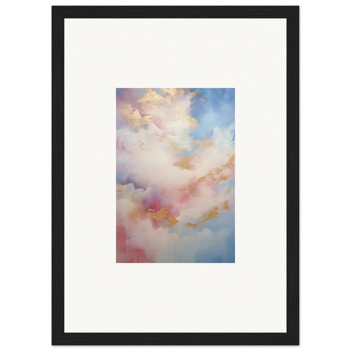 Framed wall art featuring soft pink, blue, and golden clouds in Whispers Beyond Reverie