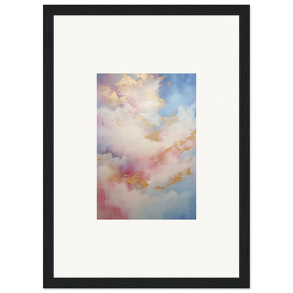 Framed wall art featuring soft pink, blue, and golden clouds in Whispers Beyond Reverie