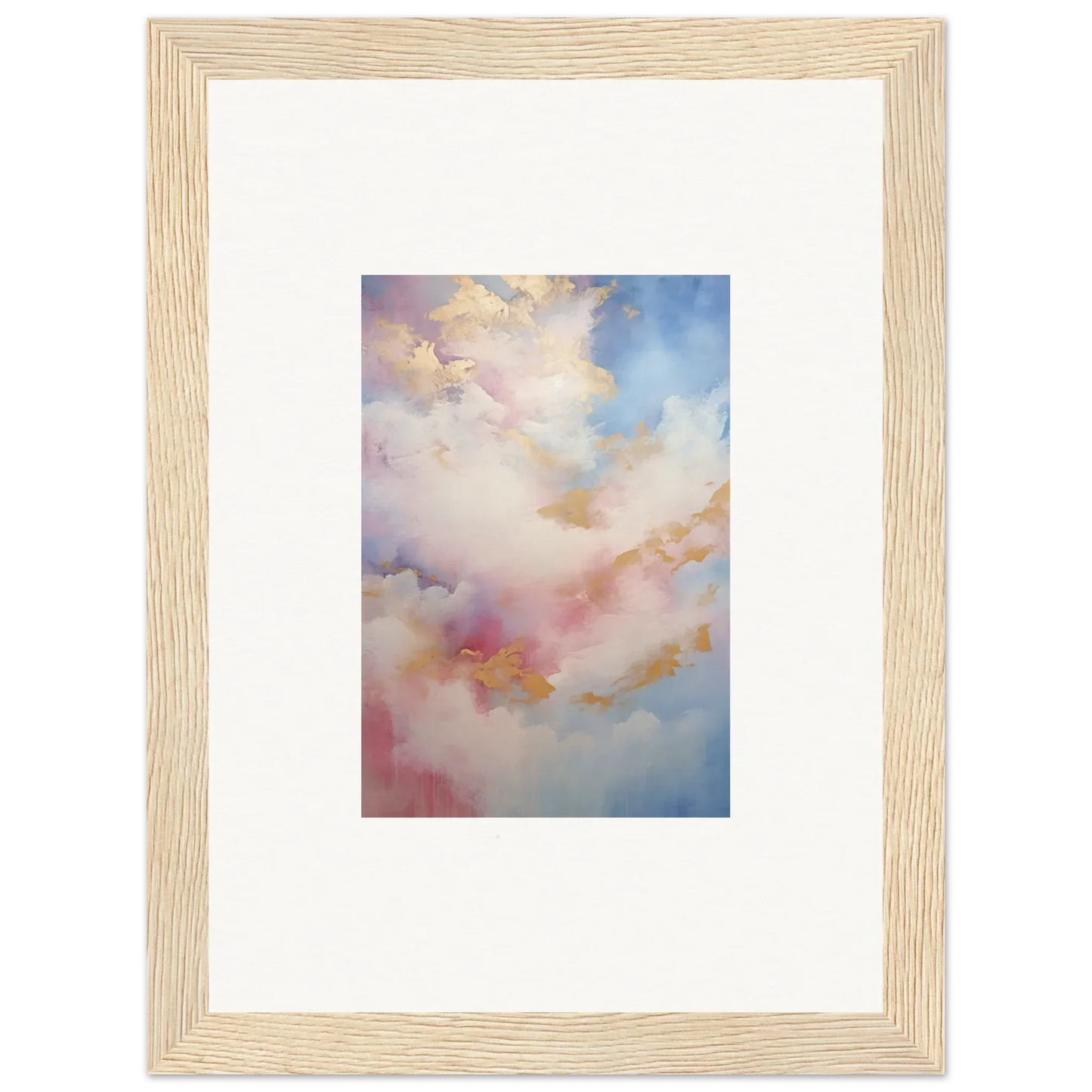 Framed wall art of soft pink, blue, and golden clouds in Whispers Beyond Reverie