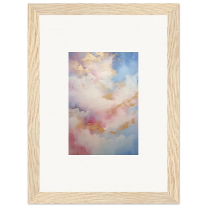 Framed wall art of soft pink, blue, and golden clouds in Whispers Beyond Reverie