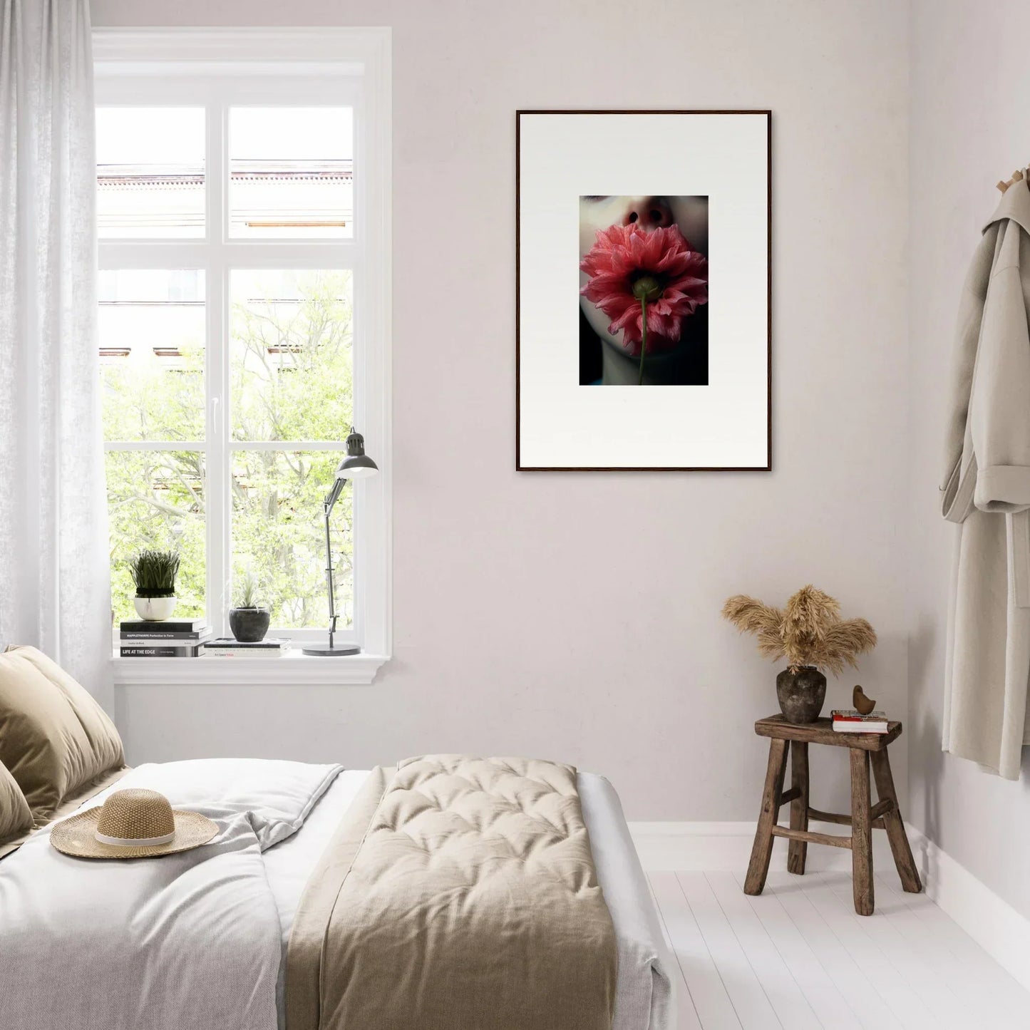 Cozy minimalist bedroom with neutral colors, perfect for room decoration and Bloom Eternally canvas print