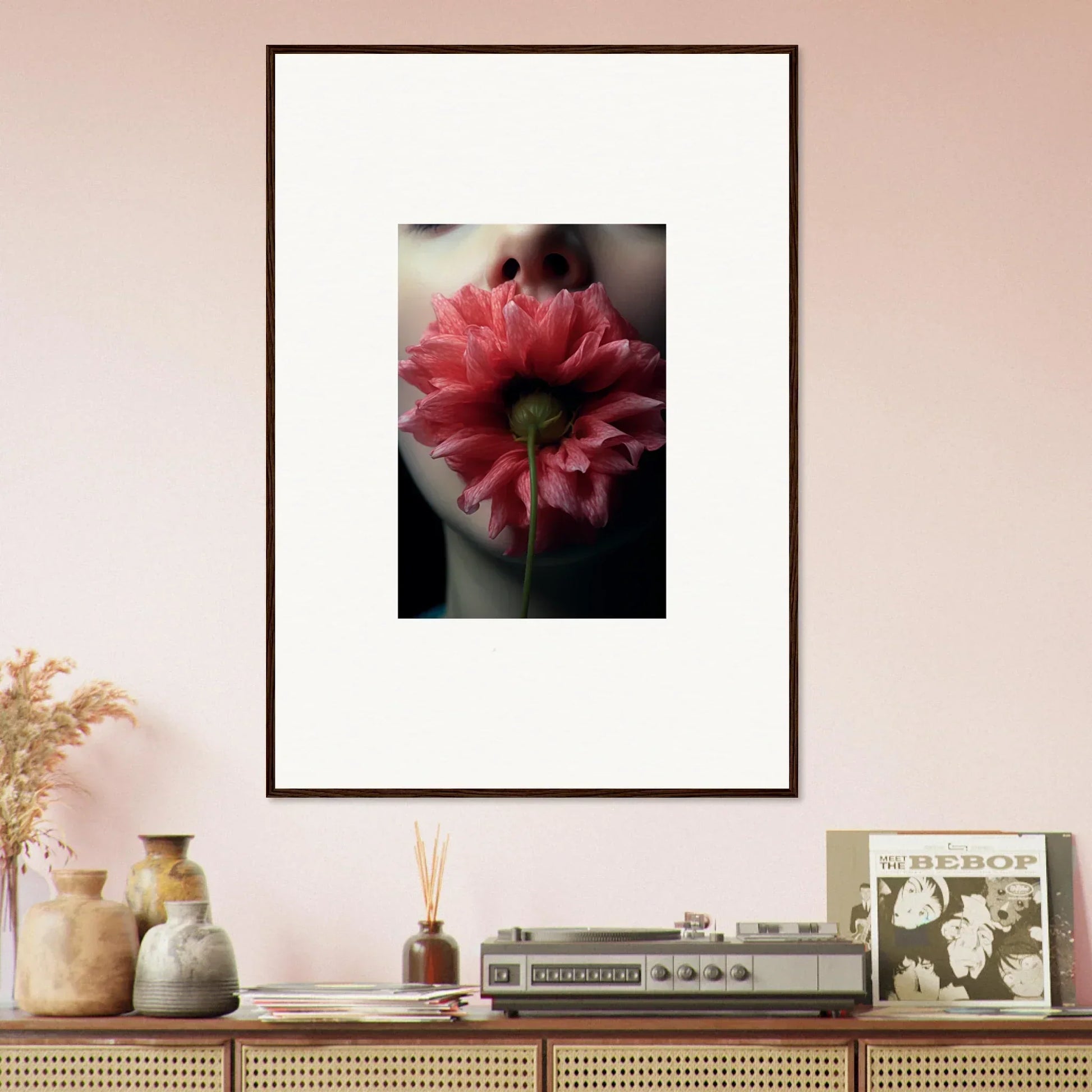 Framed photo of a vibrant red flower, perfect for room decoration or a canvas print to bloom eternally