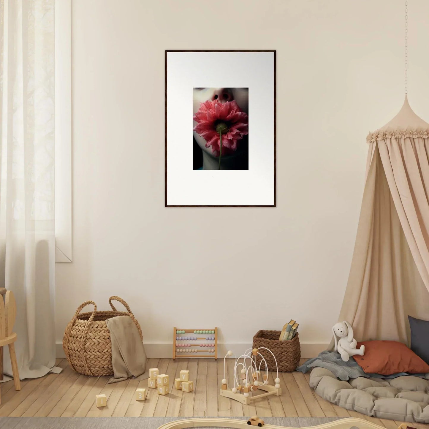 Framed canvas print of a vibrant red Gerbera Daisy for room decoration, blooms eternally