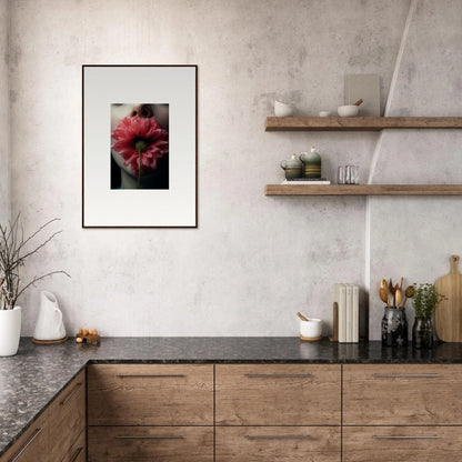 Modern kitchen with wooden cabinetry and a canvas print that blooms eternally