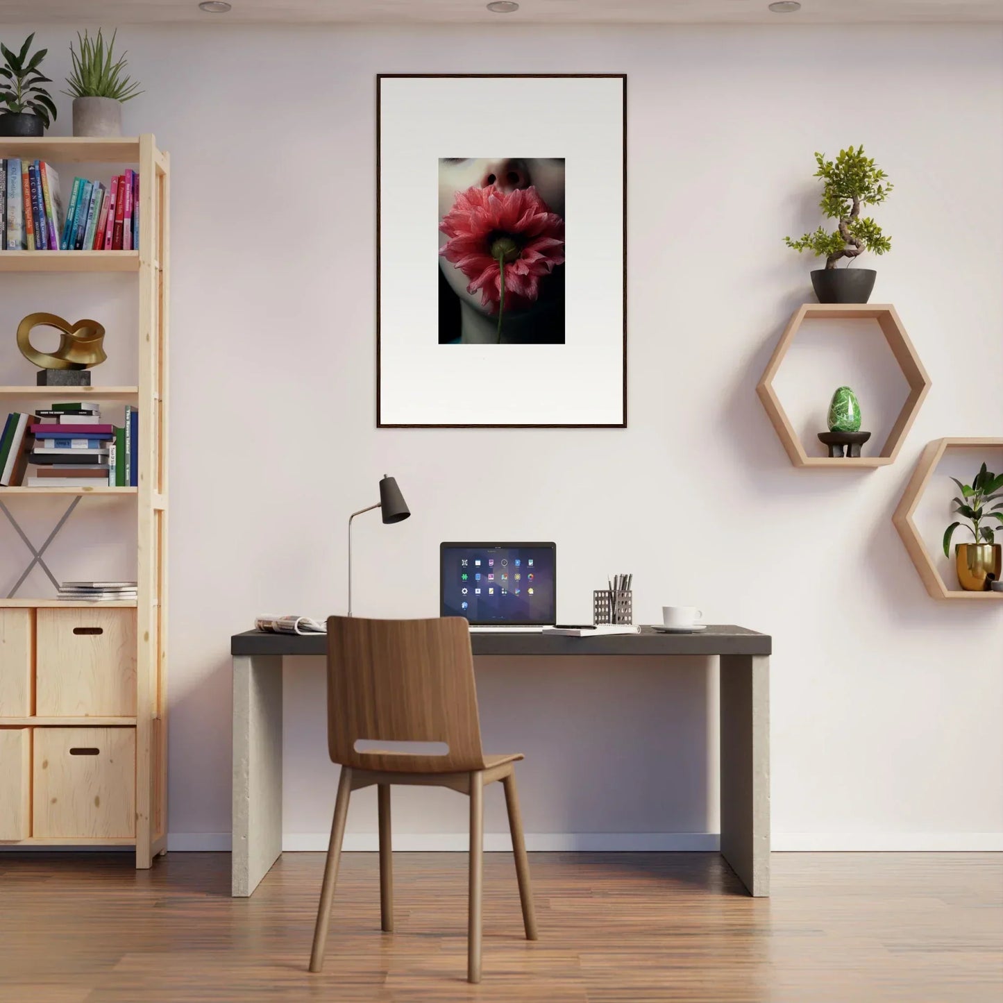 Cozy home office with a stylish desk, chair, and Whispers Bloom Eternally canvas print