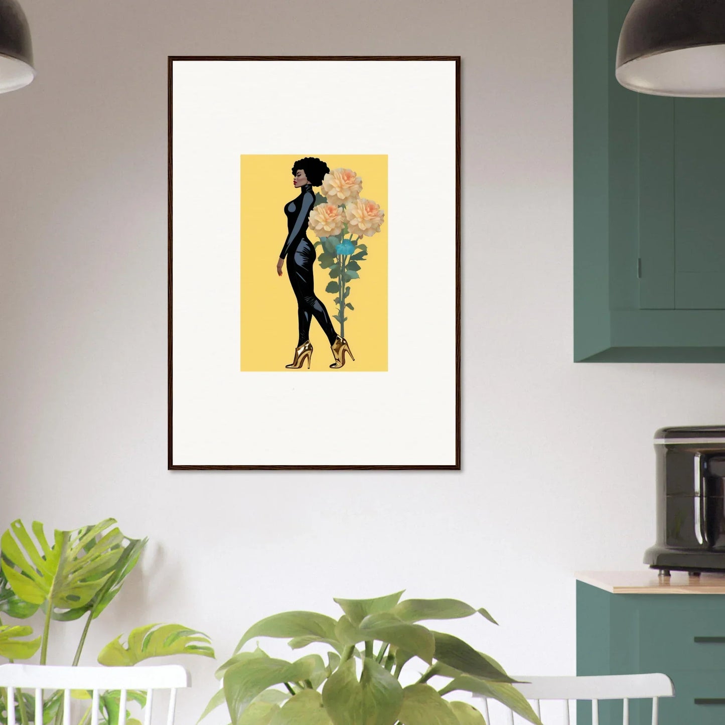 Stylized silhouette of a woman with flowers on yellow, perfect for blooming attire room decoration