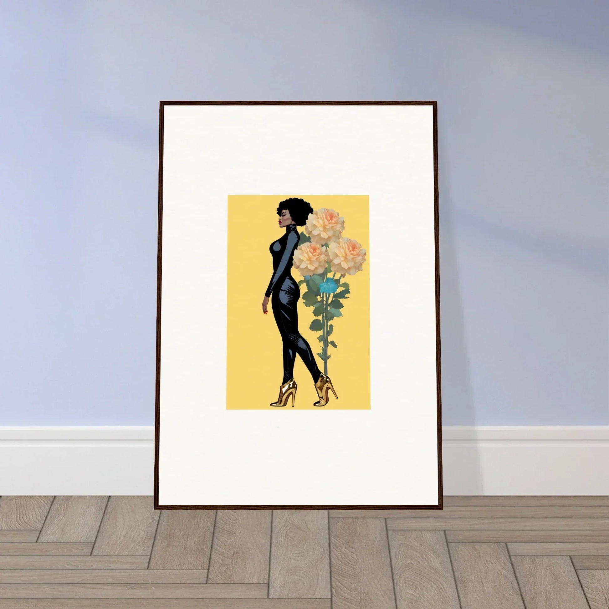 Framed canvas print of a woman silhouette with flowering plant for blooming attire decor