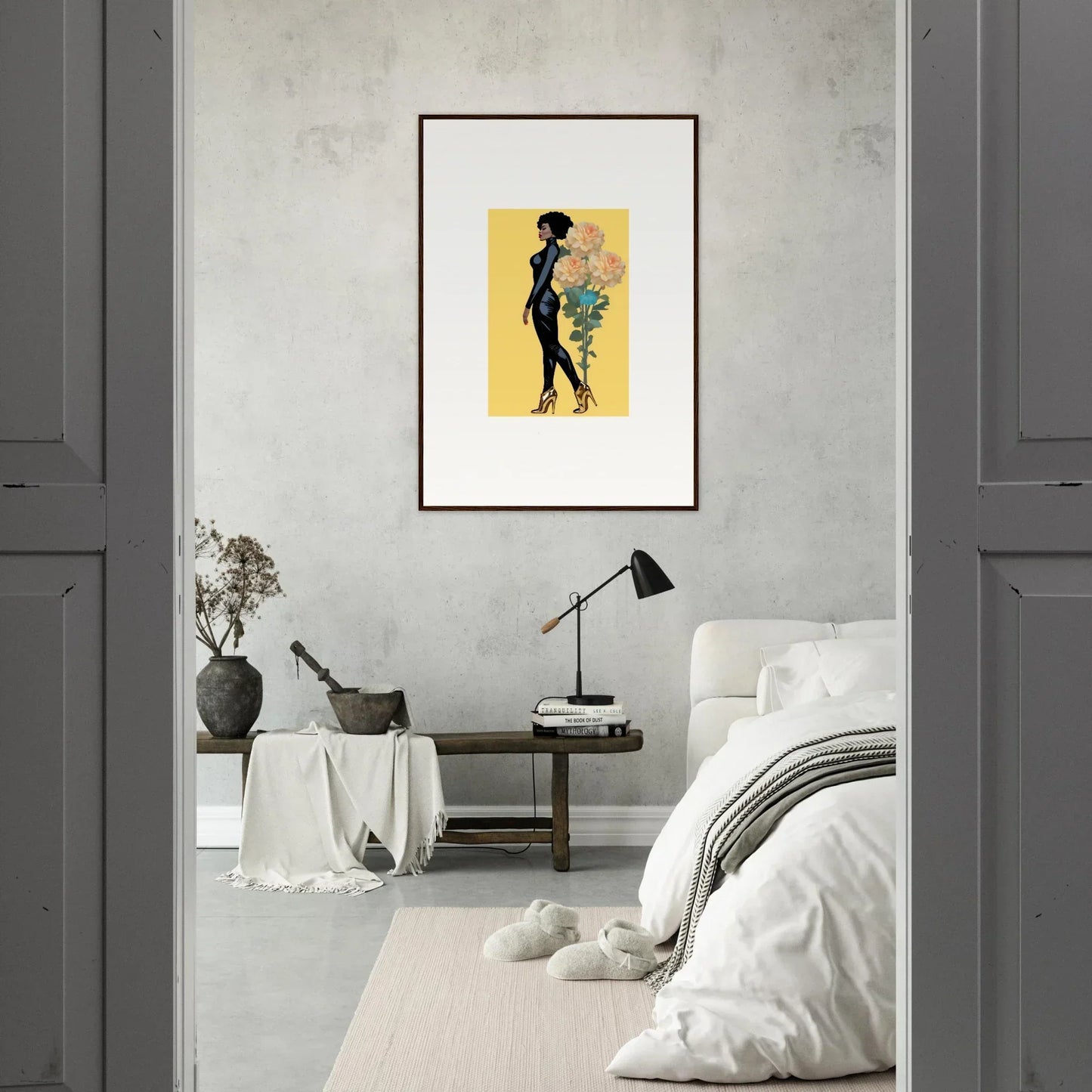 Framed canvas print of a silhouette with flowers on yellow for unique room decoration