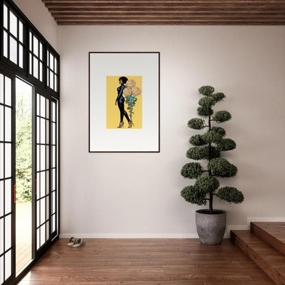 Framed canvas print of a silhouetted figure with floral elements for blooming attire room decoration