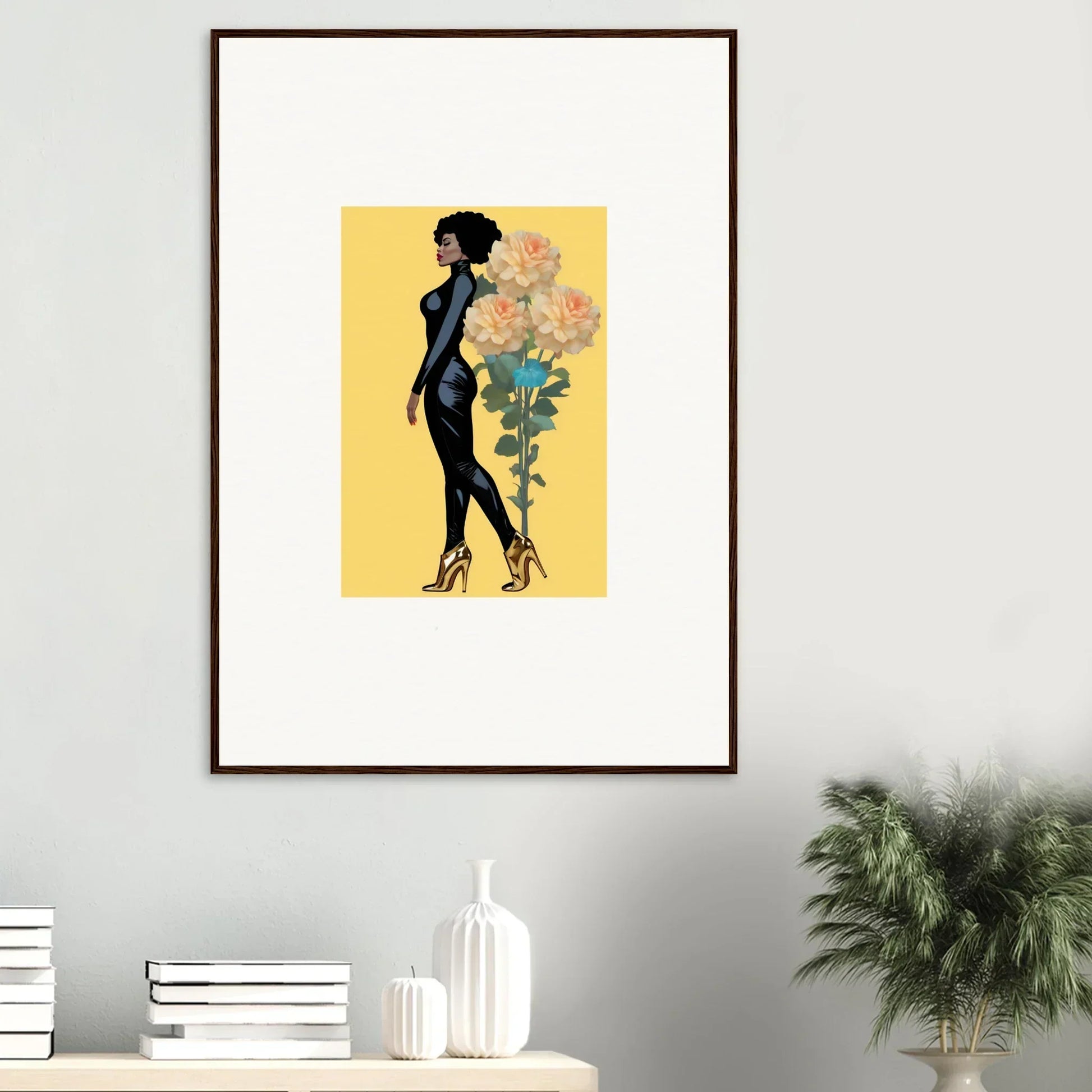 Framed canvas print of a woman silhouette with flowers, perfect for blooming attire decor