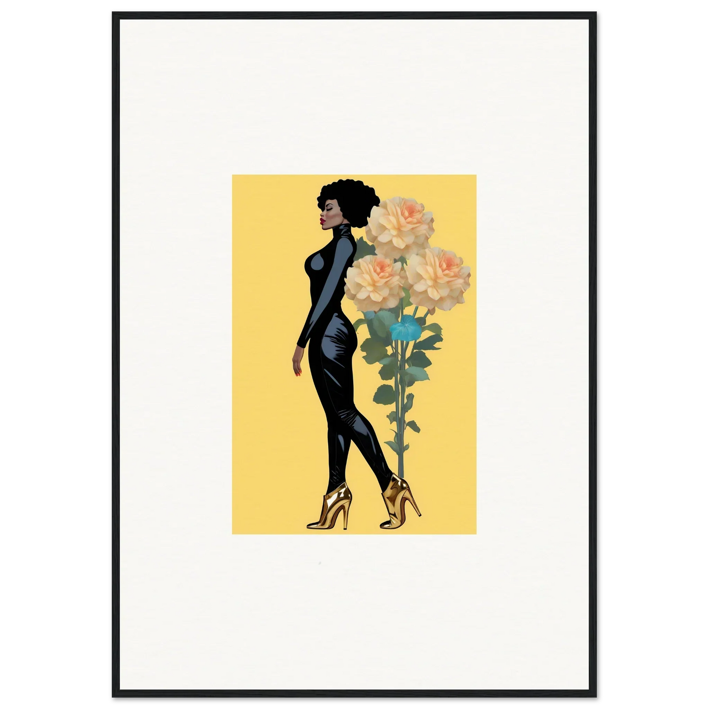 Stylized woman in a black dress with large flowers, perfect for blooming attire room decoration