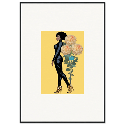 Stylized woman in a black dress with large flowers, perfect for blooming attire room decoration