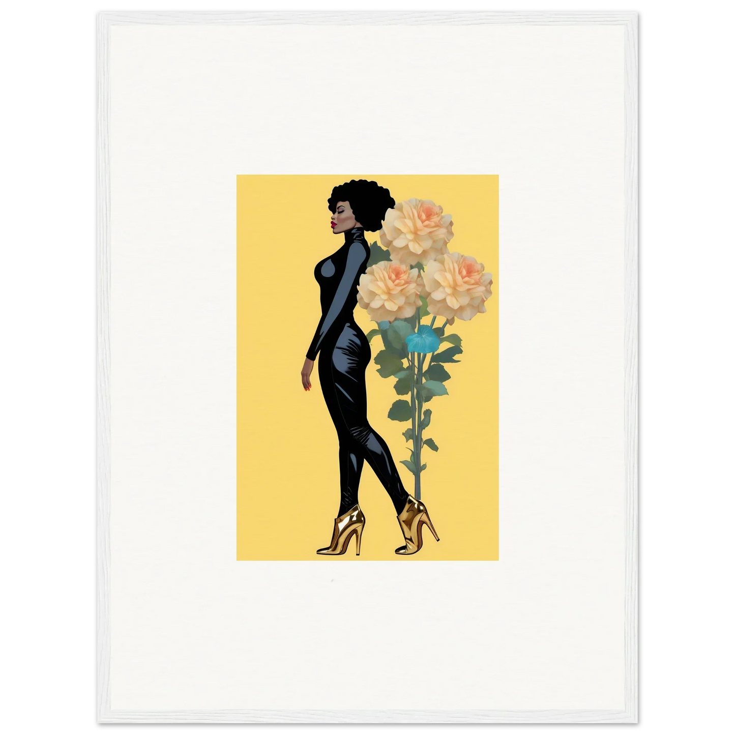 Stylized silhouette of a woman with an afro beside oversized flowers for blooming attire